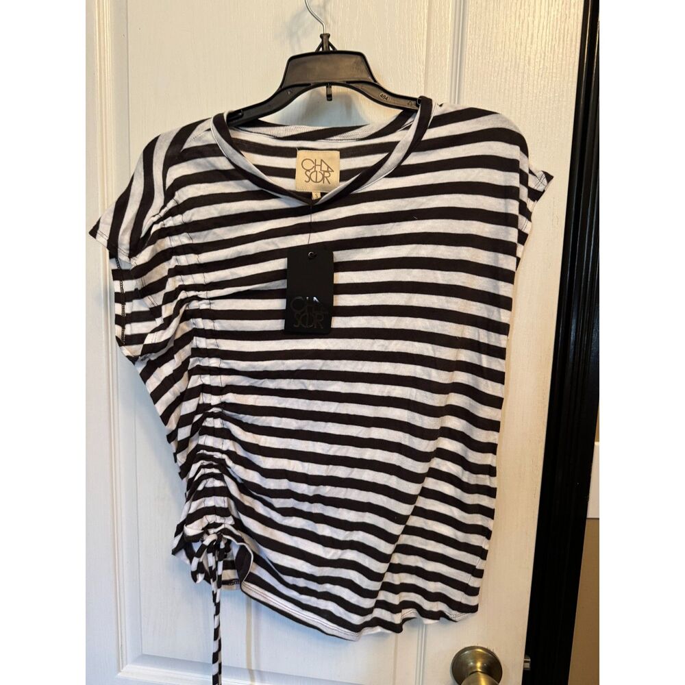 Chaser Striped Side-Ruched Drawstring Tee in the "Licorice Black & White